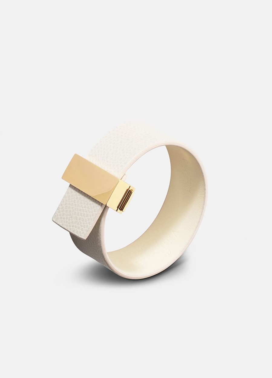 For Henne Skultuna 1607 | Clasp Leather Bracelet Thin Gold - White