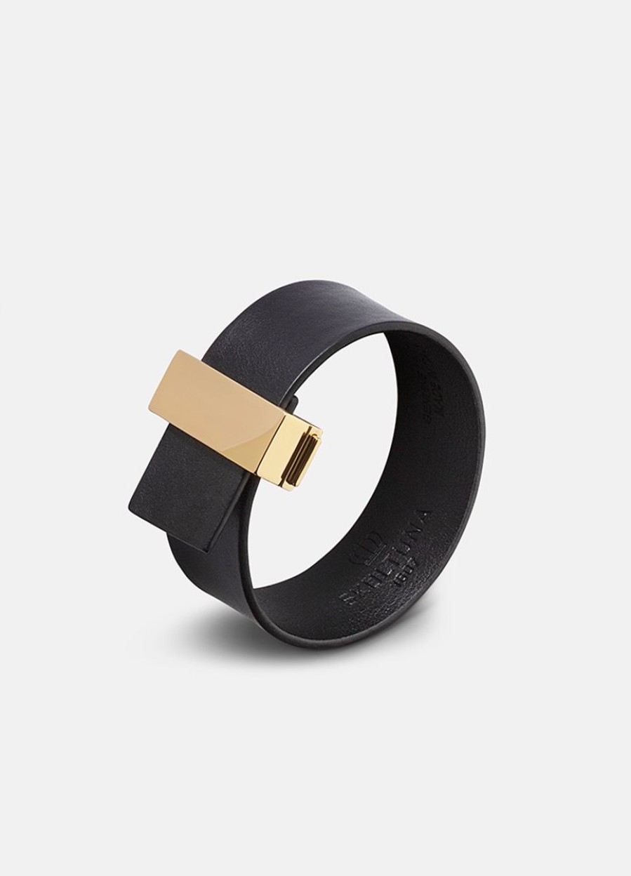 For Henne Skultuna 1607 | Clasp Leather Bracelet Thin Gold - Black