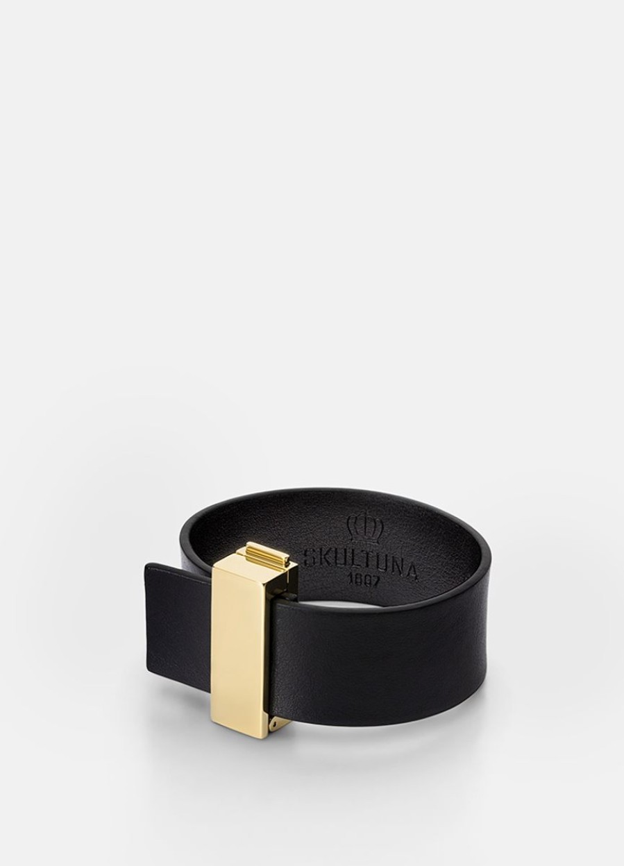 For Henne Skultuna 1607 | Clasp Leather Bracelet Thin Gold - Black