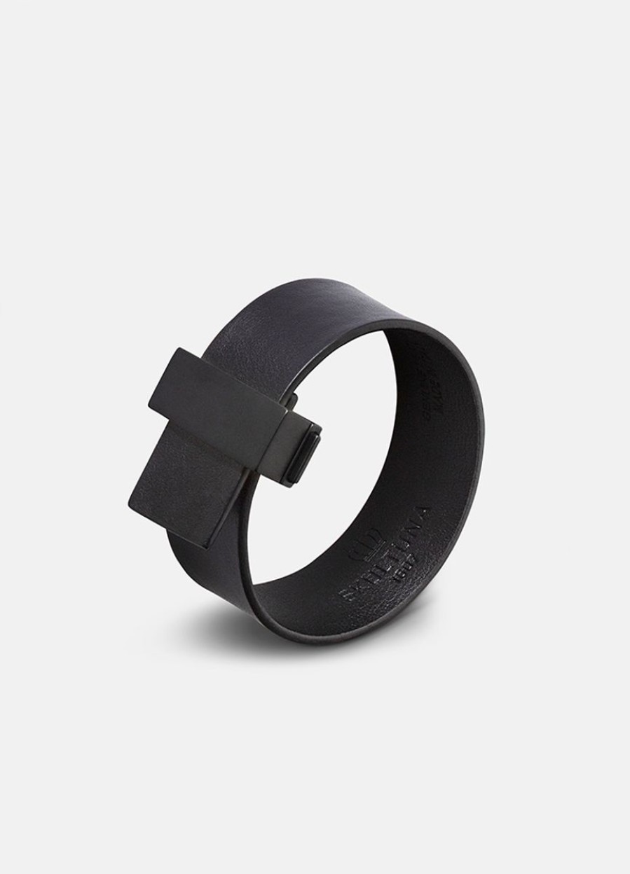 For Henne Skultuna 1607 | Clasp Leather Bracelet Thin Black - Black