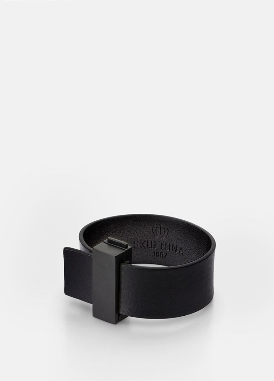 For Henne Skultuna 1607 | Clasp Leather Bracelet Thin Black - Black