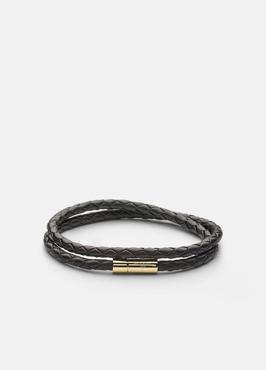 For Honom Skultuna 1607 | Leather Bracelet Thin - Gold / Dark Brown