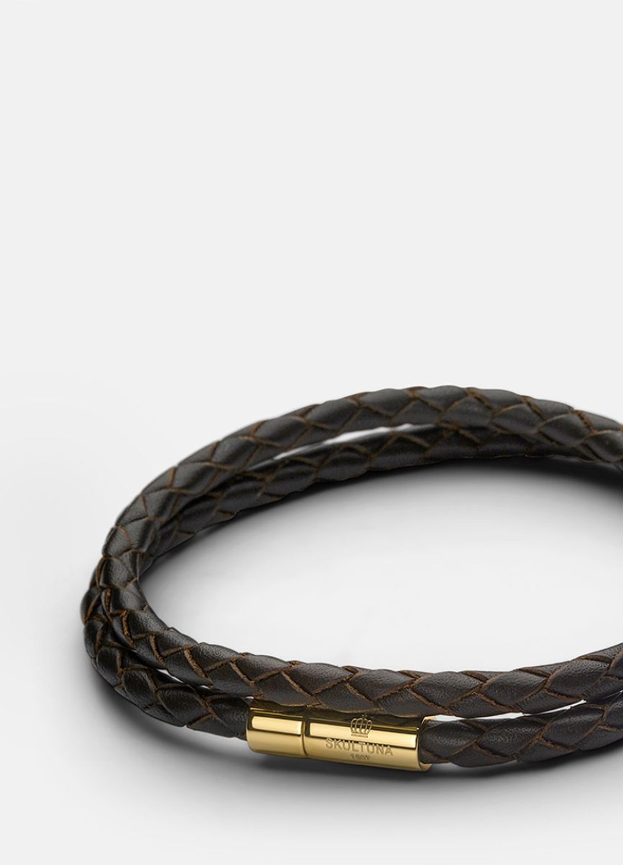 For Honom Skultuna 1607 | Leather Bracelet Thin - Gold / Dark Brown