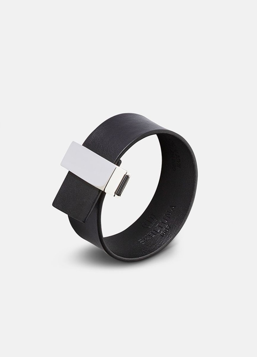 For Henne Skultuna 1607 | Clasp Leather Bracelet Thin Silver - Black