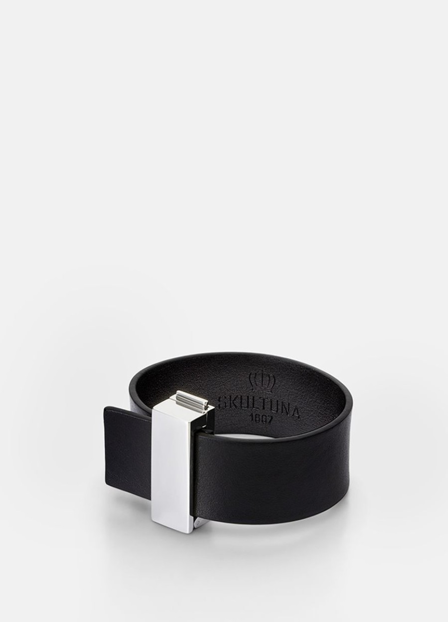 For Henne Skultuna 1607 | Clasp Leather Bracelet Thin Silver - Black